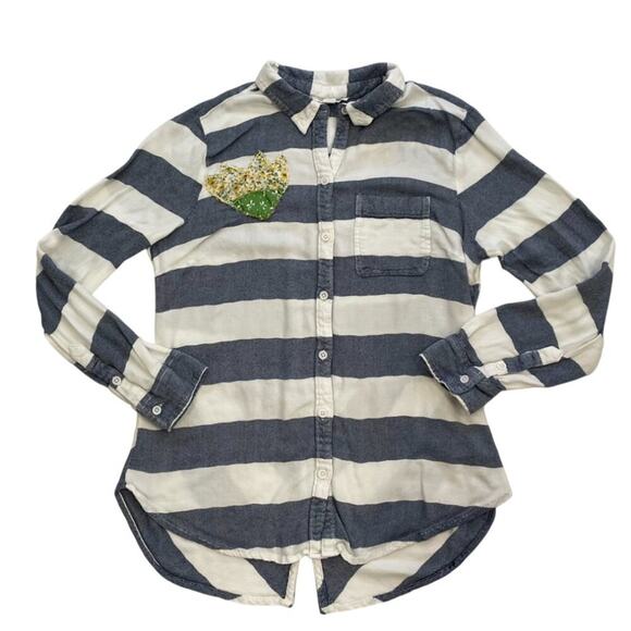 Beach Lunch Lounge Long Sleeve Striped Button Down Shirt, Floral Embroidery, M - Picture 1 of 11